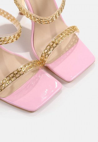 Missguided pink double chain strap heeled sandals | strappy square toe party heels