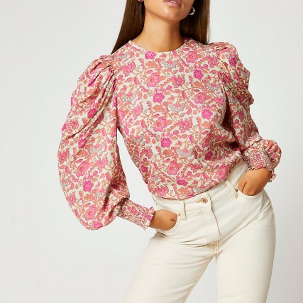 River Island Pink floral puff sleeve top | womens balloon sleeve tops - flipped