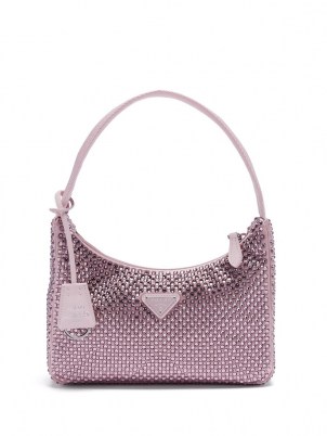 PRADA Pink Re-Edition 2000 crystal satin shoulder bag – glittering embellished bags – small luxe handbags - flipped