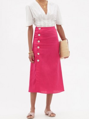 BELIZE Rosa buttoned linen midi skirt / bright pink linen skirts - flipped
