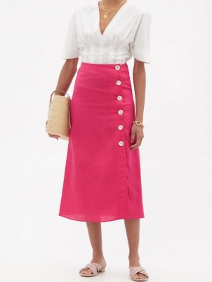 BELIZE Rosa buttoned linen midi skirt / bright pink linen skirts
