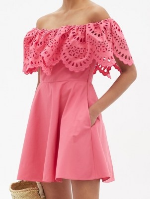 VALENTINO Sangallo-embroidered cotton-blend mini dress ~ pink off the shoulder flared hem summer dresses ~ bardot summer wear - flipped
