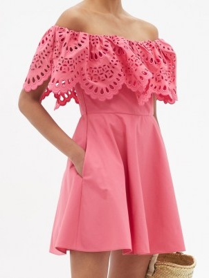 VALENTINO Sangallo-embroidered cotton-blend mini dress ~ pink off the shoulder flared hem summer dresses ~ bardot summer wear