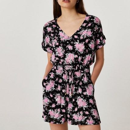 RIVER ISLAND Pink short sleeve floral print playsuit - flipped
