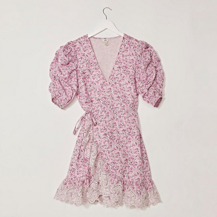 RIVER ISLAND Pink short sleeve wrap tea mini dress / floral gathered sleeve dresses - flipped