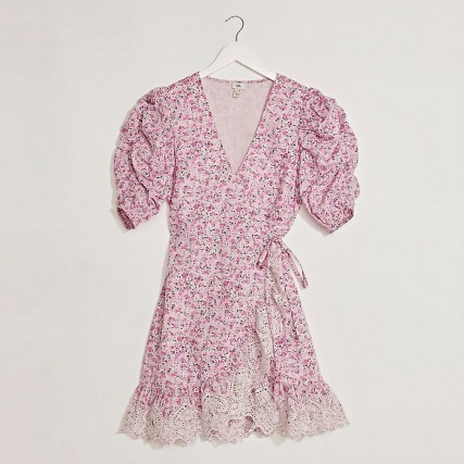 RIVER ISLAND Pink short sleeve wrap tea mini dress / floral gathered sleeve dresses