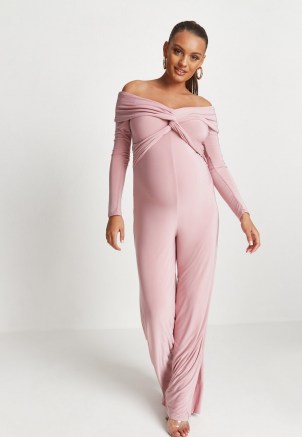 MISSGUIDED pink slinky twist front bardot maternity jumpsuit ~ glamorous on trend pregnancy fashion ~ off the shoulder jumpsuits - flipped