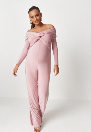MISSGUIDED pink slinky twist front bardot maternity jumpsuit ~ glamorous on trend pregnancy fashion ~ off the shoulder jumpsuits