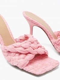BOTTEGA VENETA Stretch Intrecciato raffia mules in pink / luxe woven square toe mule sandals / womens weave design footwear / luxury high heels