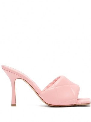 BOTTEGA VENETA The Lido Intrecciato-debossed pink leather mules – padded weave design high heel sandals - flipped