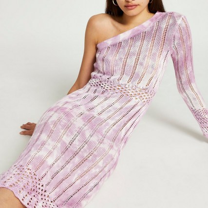 River Island Pink tie dye crochet ribbed midi dress | womens on trend knitted dresses | women’s asymmetric knitwear