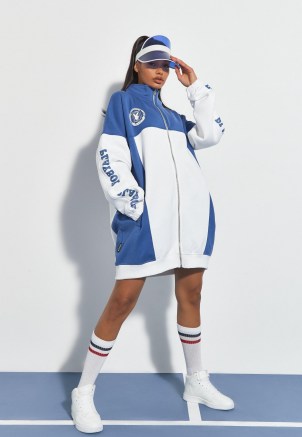 playboy x missguided blue colourblock zip through sports jacket ~ women’s longline oversized slogan jackets ~ sporty logo print fashion - flipped