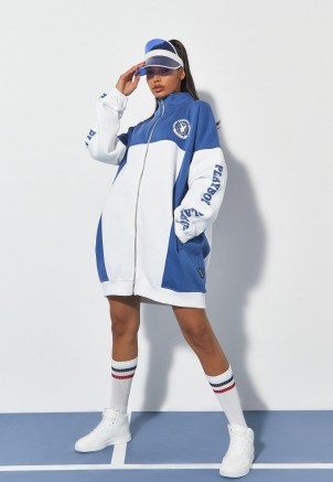 playboy x missguided blue colourblock zip through sports jacket ~ women’s longline oversized slogan jackets ~ sporty logo print fashion