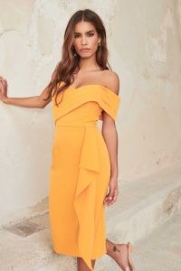 LAVISH ALICE pleated bandeau midi dress in orange / strapless drape detail evening dresses