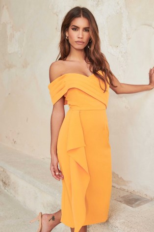 LAVISH ALICE pleated bandeau midi dress in orange / strapless drape detail evening dresses - flipped