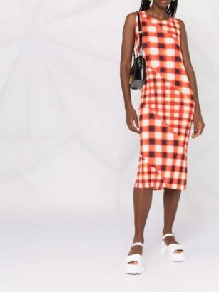 Pleats Please Issey Miyake checked panelled midi dress ~ orange sleeveless check print dresses - flipped