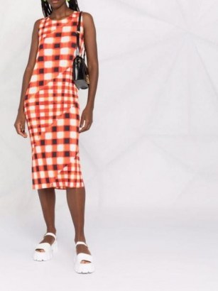 Pleats Please Issey Miyake checked panelled midi dress ~ orange sleeveless check print dresses