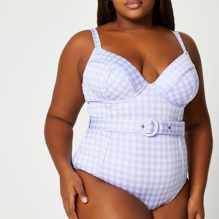 RIVER ISLAND Plus Purple Structured Gingham Swimsuit / womens plus size swimwear / women’s checked swimsuit - flipped