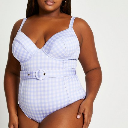 RIVER ISLAND Plus Purple Structured Gingham Swimsuit / womens plus size swimwear / women’s checked swimsuit
