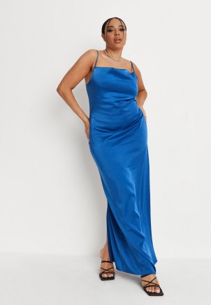 Missguided plus size blue satin cowl neck tie back maxi dress | long length spaghetti strap slip dresses - flipped
