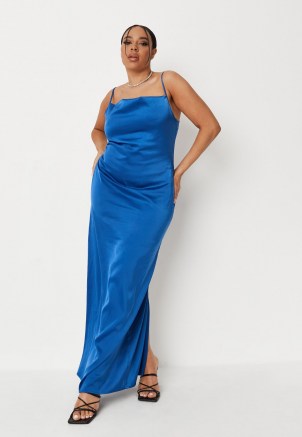 Missguided plus size blue satin cowl neck tie back maxi dress | long length spaghetti strap slip dresses