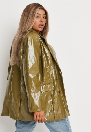 MISSGUIDED plus size olive soft faux leather blazer ~ womens green casual blazers ~ women’s on trend jackets