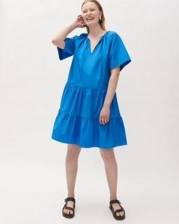 JIGSAW POPLIN SMOCKED MINI DRESS – voluminous tiered summer dresses in blue cotton - flipped