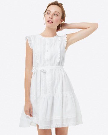 Draper James Popover Dress in Embroidered Stripe Magnolia White | cotton tie waist summer dresses with flounce hem - flipped