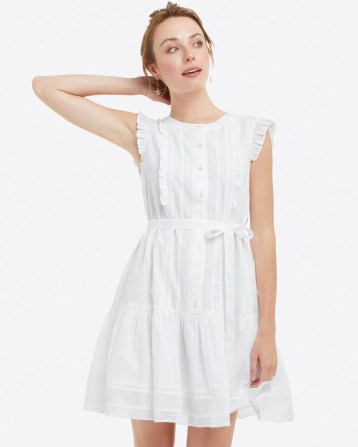 Draper James Popover Dress in Embroidered Stripe Magnolia White | cotton tie waist summer dresses with flounce hem