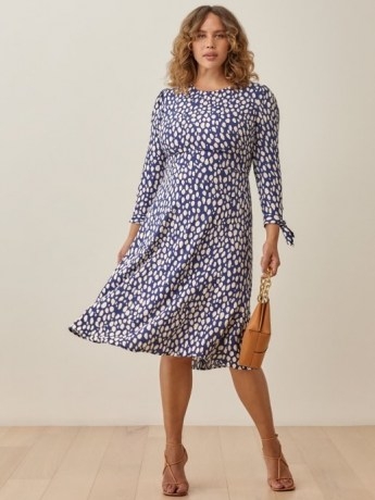 REFORMATION Port Dress / blue long sleeve spot print dresses - flipped