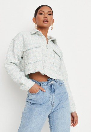MISSGUIDED powder blue tailored boucle crop jacket ~ women’s crop hem tweed style jackets ~ womens textured fabric outerwear - flipped