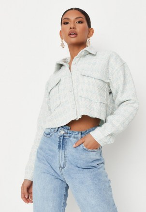 MISSGUIDED powder blue tailored boucle crop jacket ~ women’s crop hem tweed style jackets ~ womens textured fabric outerwear