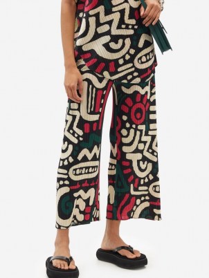 PLEATS PLEASE ISSEY MIYAKE Graphic-print technical-pleated wide-leg trousers – womens bold print crop leg jersey pants - flipped