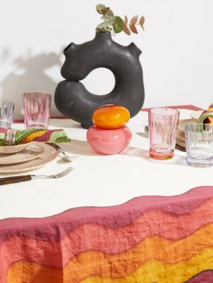 SUMMERILL & BISHOP Rainbow 380 x 165 striped linen tablecloth ~ white multicoloured edge tablecloths ~ dining table accessories - flipped