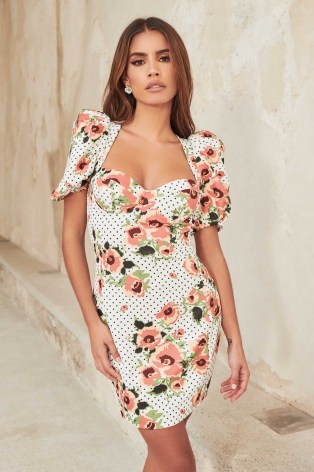 LAVISH ALICE puff sleeve mini dress in white floral spot / mixed print party dresses - flipped