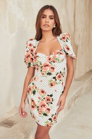 LAVISH ALICE puff sleeve mini dress in white floral spot / mixed print party dresses