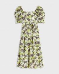 TED BAKER MAYSIIE Puff Sleeve Tiered Midi Dress – green floral square neck summer dresses