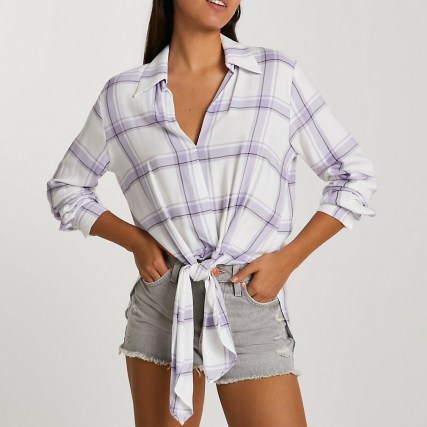 RIVER ISLAND Purple long sleeve check shirt ~ women’s checked front tie shirts