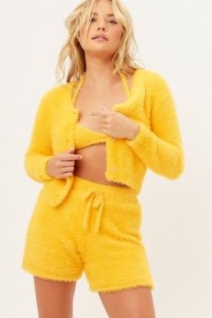 Frankies Bikinis Rebel Fuzzy Shorts – womens yellow textured holiday shorts – loungewear