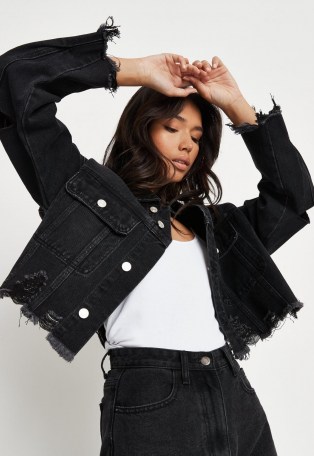 Missguided recycled black distressed pleat back denim jacket | womens destroyed jackets | women’s ripped outerwear - flipped