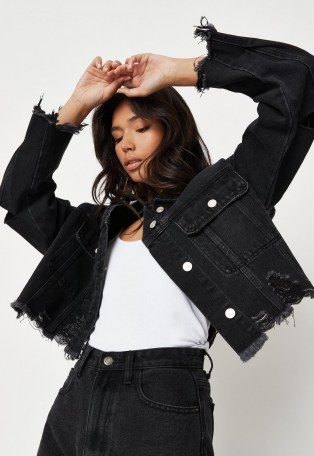 Missguided recycled black distressed pleat back denim jacket | womens destroyed jackets | women’s ripped outerwear