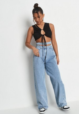 Missguided recycled light blue double waistband wide leg jeans | womens casual denim fashion - flipped