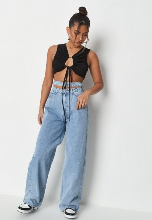 Missguided recycled light blue double waistband wide leg jeans | womens casual denim fashion