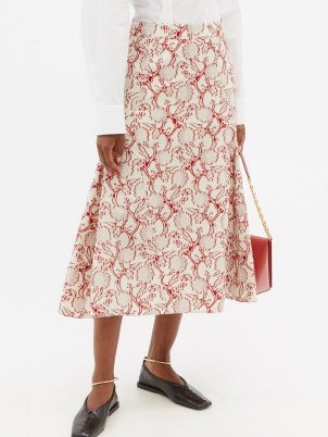 JIL SANDER Floral-jacquard fil-coupé midi skirt / red and white A-line summer skirts - flipped