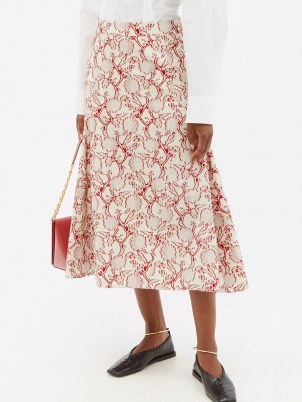 JIL SANDER Floral-jacquard fil-coupé midi skirt / red and white A-line summer skirts
