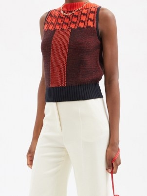 VICTORIA BECKHAM Geometric-jacquard wool-blend sleeveless sweater | womens sleeveless sweaters | women’s chic knitwear - flipped