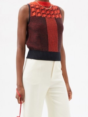 VICTORIA BECKHAM Geometric-jacquard wool-blend sleeveless sweater | womens sleeveless sweaters | women’s chic knitwear