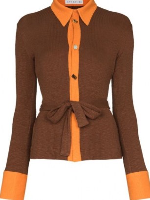 Rejina Pyo Blake belted ribbed cardigan ~ brown and orange trim tie waist cardigans ~ womens knitwear - flipped
