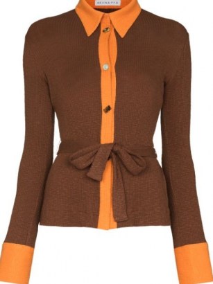 Rejina Pyo Blake belted ribbed cardigan ~ brown and orange trim tie waist cardigans ~ womens knitwear