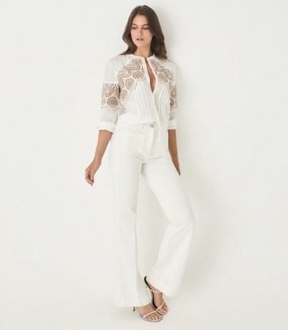 REISS RILEY RELAXED FIT EMBROIDERED SHIRT WHITE ~ women’s ramie fabric shirts - flipped